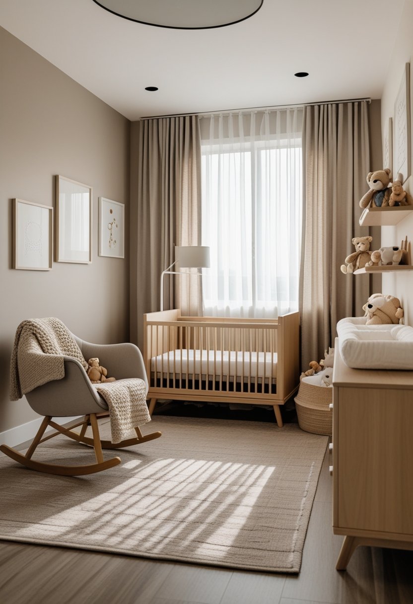 A baby boy nursery with a wooden crib, plush teddy bears, a rocking chair, and soft natural light.